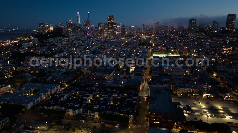 San Francisco at night from above - Night lighting city center with the skyline in the downtown area in San Francisco in California, United States of America