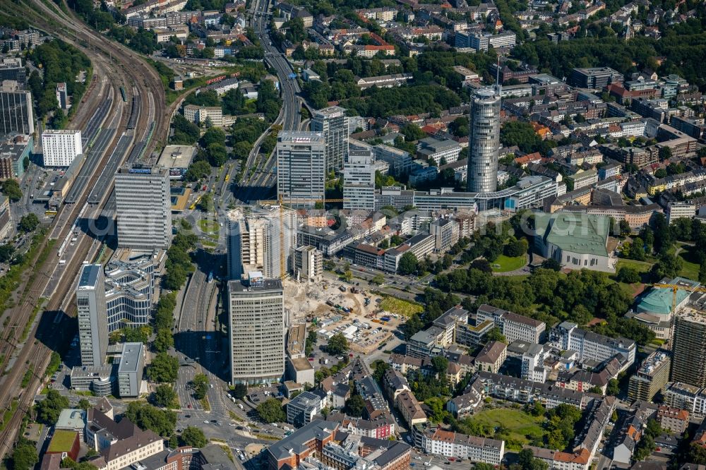 Essen from the bird's eye view: Construction site, renovation work, modernization of the Thyssenhauses commercial building on Kruppstrasse in Essen in the Ruhr area in the state of North Rhine-Westphalia