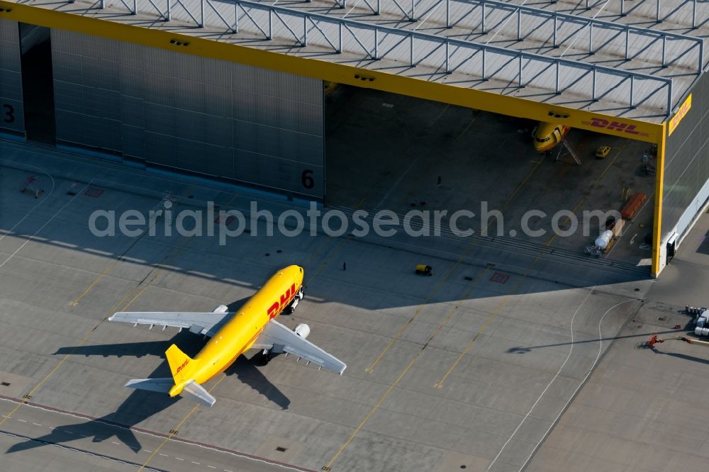 Schkeuditz from above - Check-in buildings and cargo terminals on the grounds of the airport on DHL Hub in Schkeuditz in the state Saxony, Germany