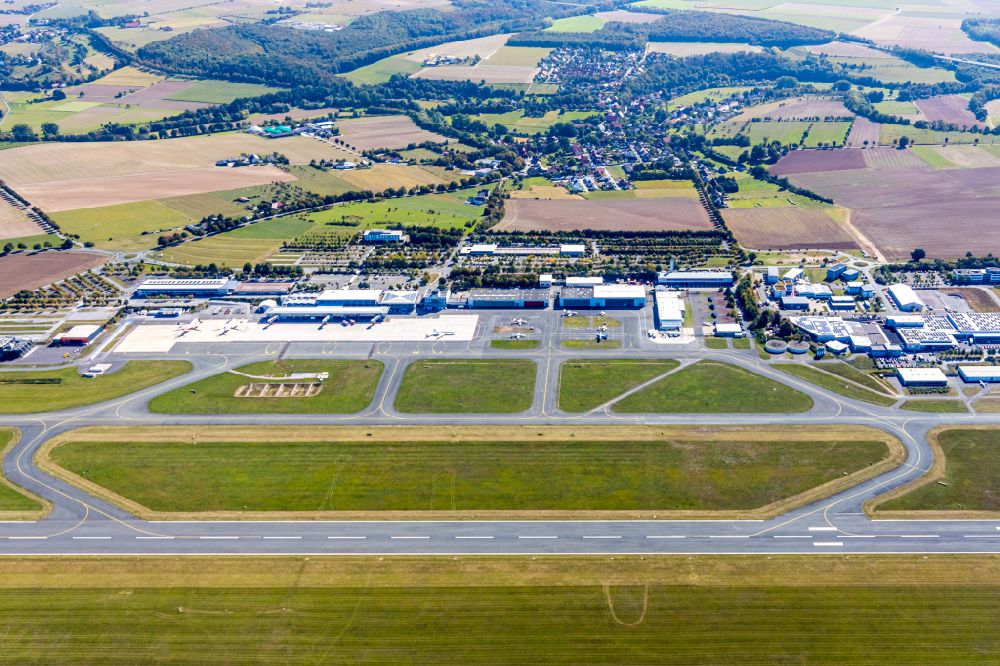 Büren from above - Dispatch building and terminals on the premises of the airport Paderborn-Lippstadt Airport on Flughafenstrasse in Bueren in the state North Rhine-Westphalia