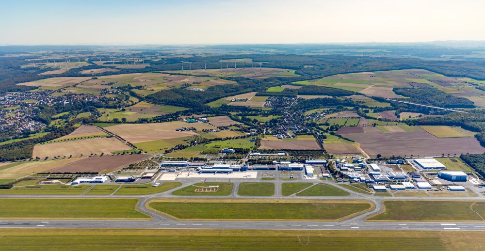 Büren from the bird's eye view: Dispatch building and terminals on the premises of the airport Paderborn-Lippstadt Airport on Flughafenstrasse in Bueren in the state North Rhine-Westphalia
