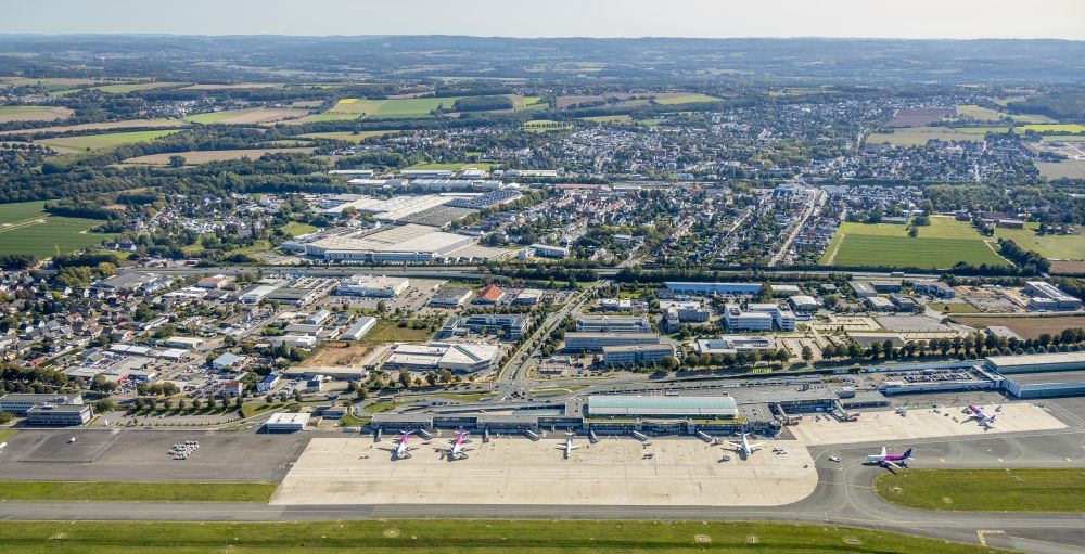 Dortmund from above - Dispatch building and terminals on the premises of the airport in Dortmund in the state North Rhine-Westphalia, Germany