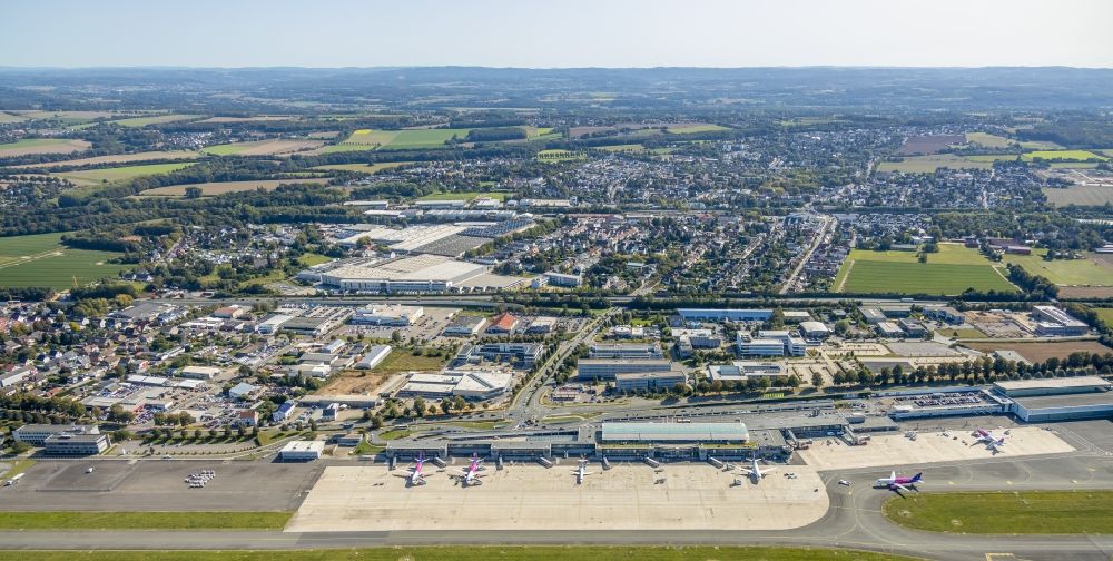 Aerial image Dortmund - Dispatch building and terminals on the premises of the airport in Dortmund in the state North Rhine-Westphalia, Germany