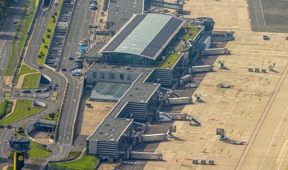Dortmund from above - Dispatch building and terminals on the premises of the airport in Dortmund at Ruhrgebiet in the state North Rhine-Westphalia, Germany