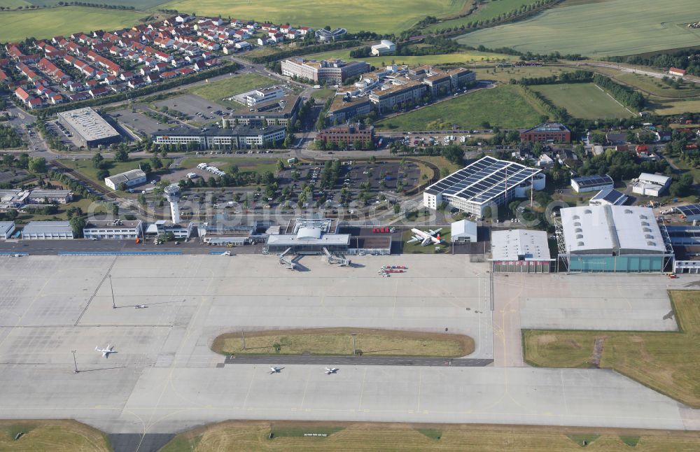 Erfurt from above - Dispatch building and terminals on the premises of the airport in the district Bindersleben in Erfurt in the state Thuringia, Germany