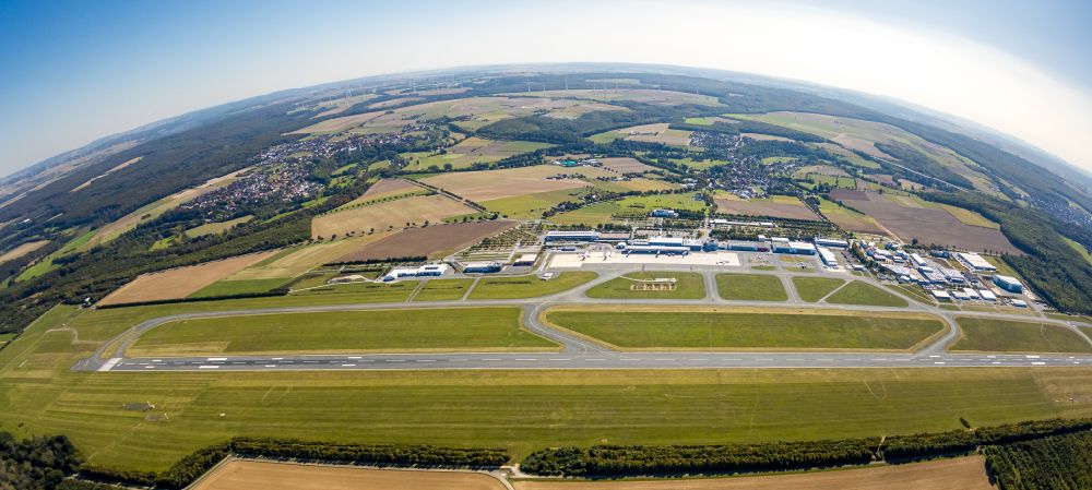 Büren from the bird's eye view: Dispatch building and terminals on the premises of the airport Paderborn-Lippstadt Airport on Flughafenstrasse in Bueren in the state North Rhine-Westphalia