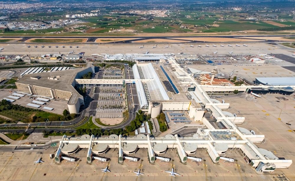 Palma from above - Dispatch building and terminals on the premises of the airport Palma de Mallorca in Palma in Islas Baleares, Spain