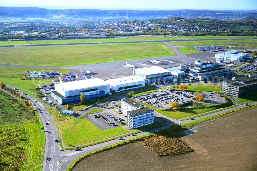 Saarbrücken from above - Dispatch building and terminals on the premises of the airport in the district Ensheim in Saarbruecken in the state Saarland, Germany