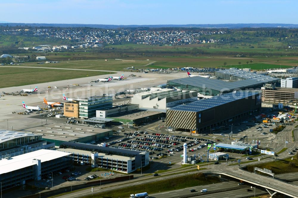 Stuttgart from above - Dispatch building and terminals on the premises of the airport in Stuttgart in the state Baden-Wurttemberg, Germany