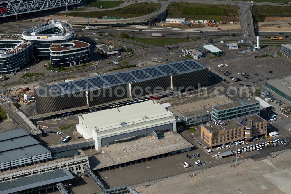 Stuttgart from above - Dispatch building and terminals on the premises of the airport in Stuttgart in the state Baden-Wuerttemberg, Germany
