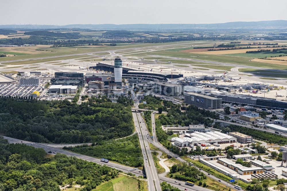 Aerial image Wien - Dispatch building and terminals on the premises of the airport Schwechat in Vienna in Lower Austria, Austria