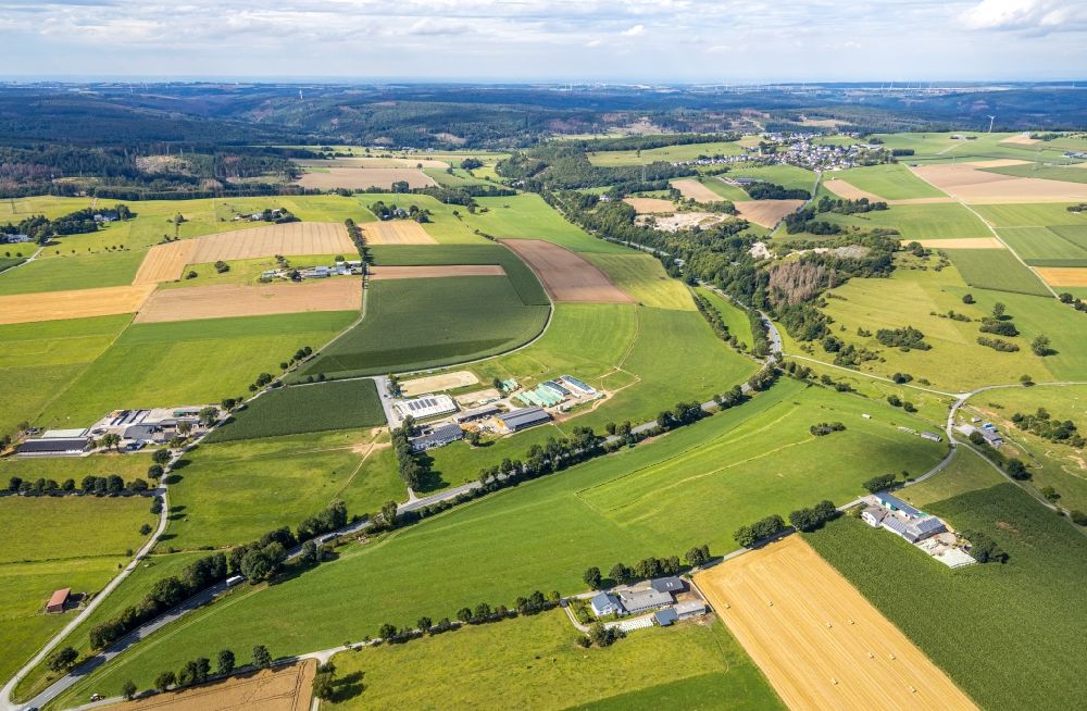 Aerial image Brilon - Field structures of a harvested grain field in Brilon in the state North Rhine-Westphalia, Germany
