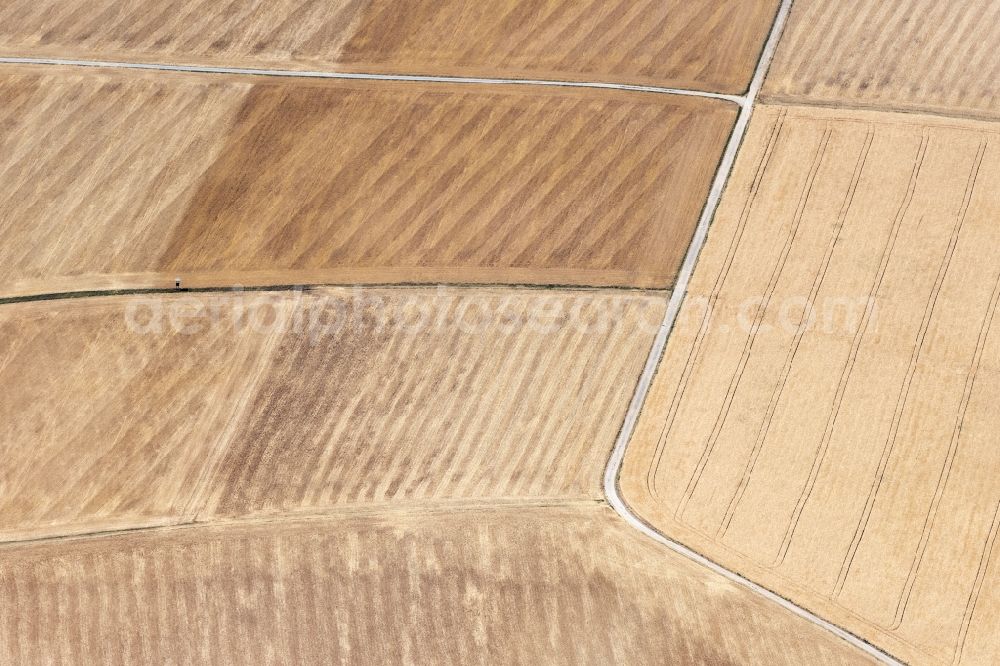 Aerial image Güntersleben - Field structures of a harvested grain field in Guentersleben in the state Bavaria, Germany
