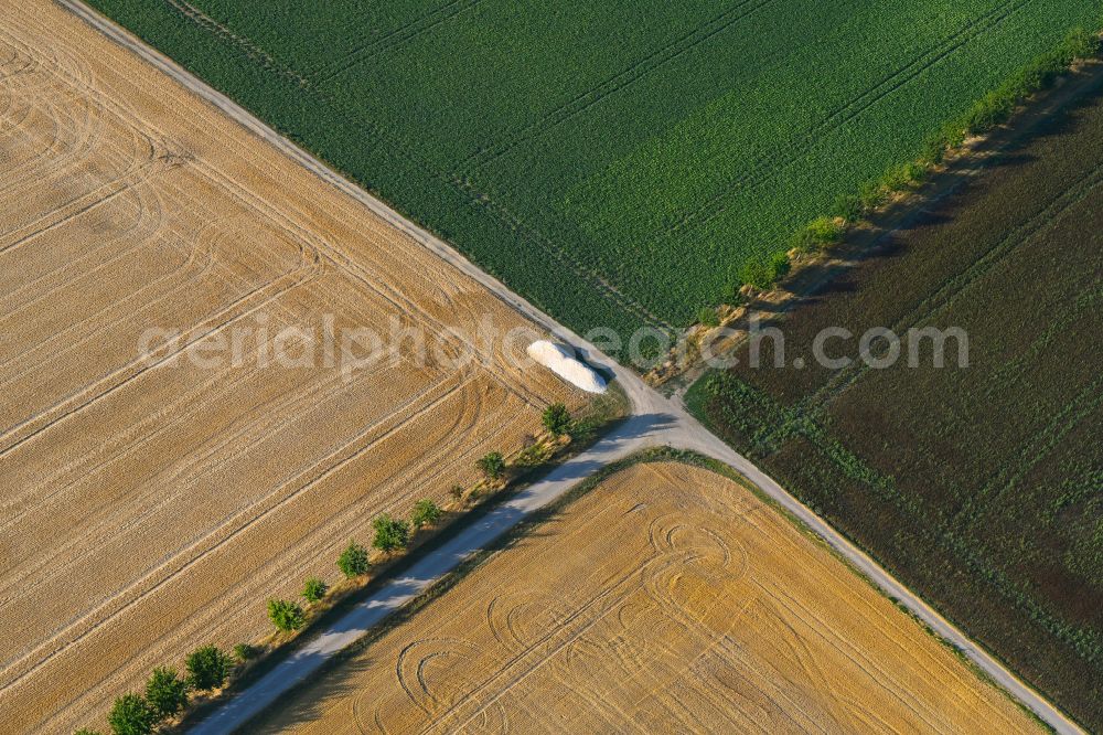 Osthausen from the bird's eye view: Field structures of a harvested grain field in Osthausen in the state Thuringia, Germany