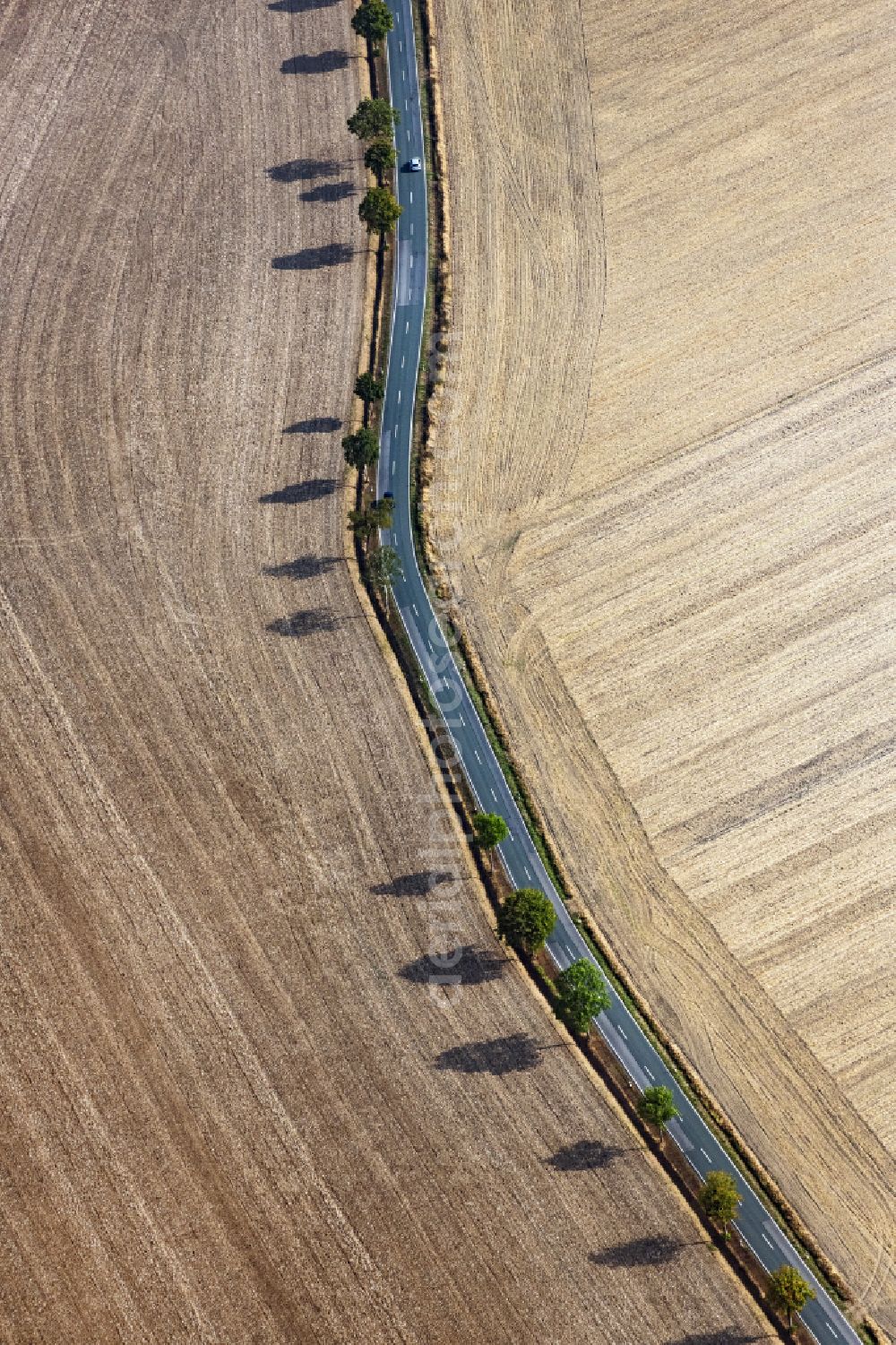 Tonna from the bird's eye view: Field structures of a harvested grain field in Tonna in the state Thuringia, Germany