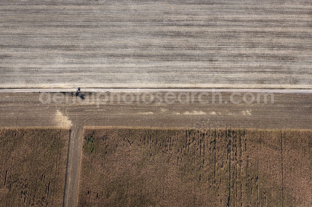 Aerial image Tonna - Field structures of a harvested grain field in Tonna in the state Thuringia, Germany
