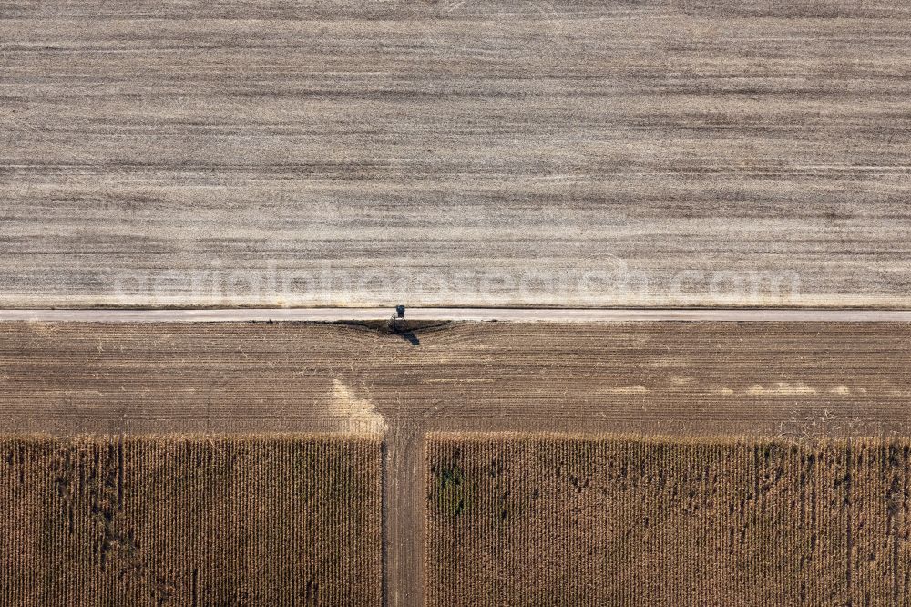 Aerial photograph Tonna - Field structures of a harvested grain field in Tonna in the state Thuringia, Germany