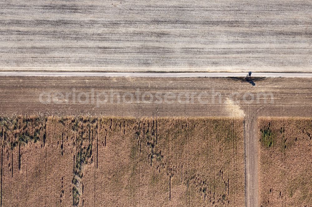 Tonna from above - Field structures of a harvested grain field in Tonna in the state Thuringia, Germany