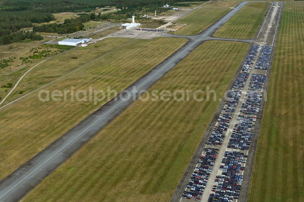 Aerial image Parchim - Cars parked on the runway of the airport in Parchim in the state Mecklenburg-Western Pomerania, Germany