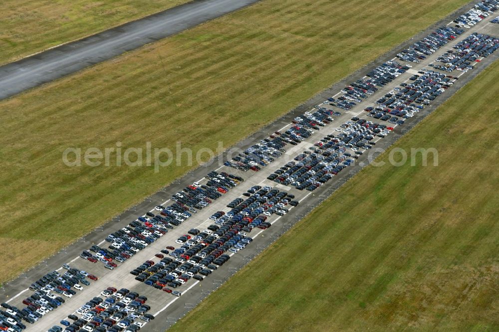 Parchim from above - Cars parked on the runway of the airport in Parchim in the state Mecklenburg-Western Pomerania, Germany