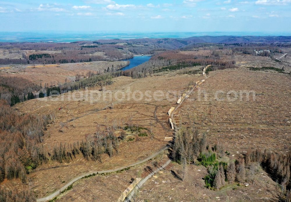 Aerial image Elend - Tree dying and forest dying with skeletons of dead trees in the remnants of a forest area in Elend in the Harz in the state Saxony-Anhalt, Germany