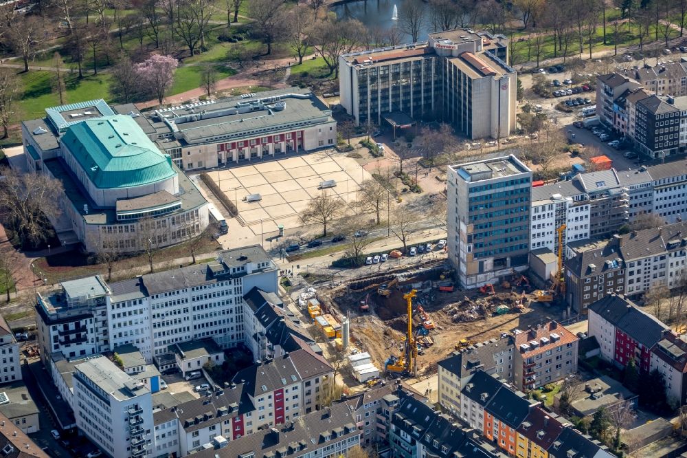 Essen from the bird's eye view: Dismantling of high-rise buildings on Huyssenallee in Essen at Ruhrgebiet in the state North Rhine-Westphalia, Germany