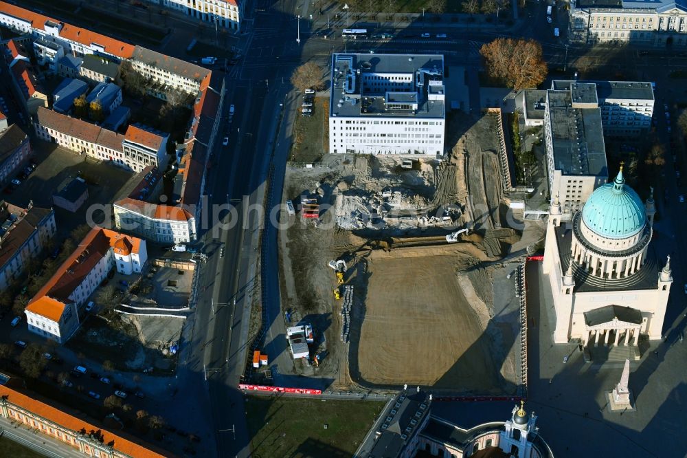 Aerial image Potsdam - Demolition of the former school building of Fachhochschule Potsdam through the Reinwald GmbH on Friedrich-Ebert-Strasse in Potsdam in the state Brandenburg, Germany