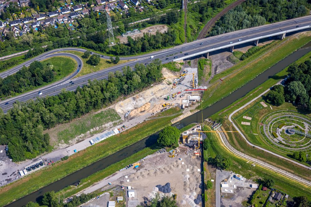 Bottrop from above - Construction site for the demolition, dismantling of the railway - bridge structure over the Emscher on street Hasslacherstrasse in the district Ebel in Bottrop at Ruhrgebiet in the state North Rhine-Westphalia, Germany