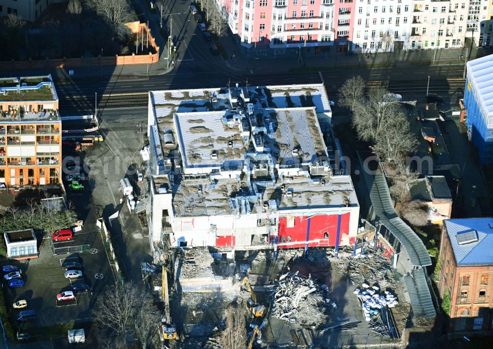 Aerial image Berlin - Demolition area of the former movie theater and cinema building UCI on street Landsberger Allee in the district Friedrichshain in Berlin, Germany