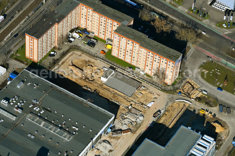 Berlin from above - Demolition work on the site of the Industry- ruins a high tank system on street Meeraner Strasse - Rhinstrasse in the district Marzahn in Berlin, Germany