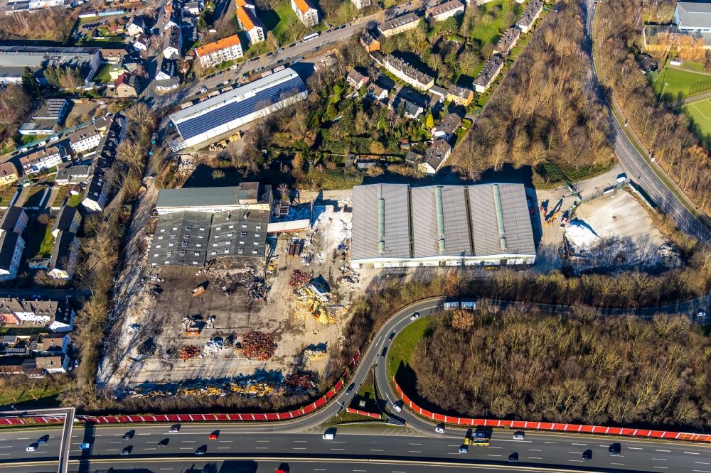 Bochum from above - Demolition work on the site of the former logistics center ruin on Berliner Strasse for the new building of a hardware store in the district Wattenscheid in Bochum in the state North Rhine-Westphalia, Germany