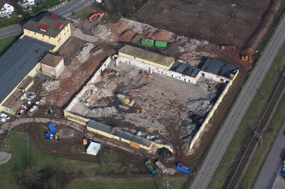 Aerial image Steinen - Demolition work on the site of the former Quelle Areal in Steinen in the state Baden-Wuerttemberg. The former industrial site gets a new development plan and will be utilized as a commercial area, a residential area and a mixed area