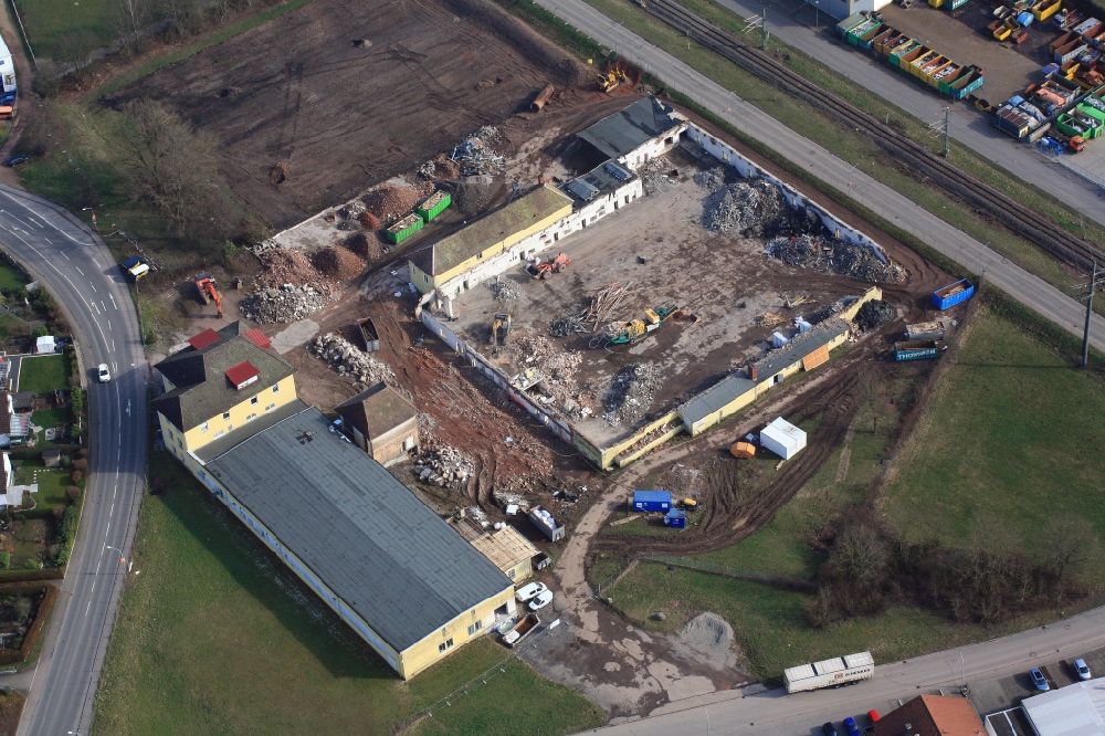 Steinen from above - Demolition work on the site of the former Quelle Areal in Steinen in the state Baden-Wuerttemberg. The former industrial site gets a new development plan and will be utilized as a commercial area, a residential area and a mixed area