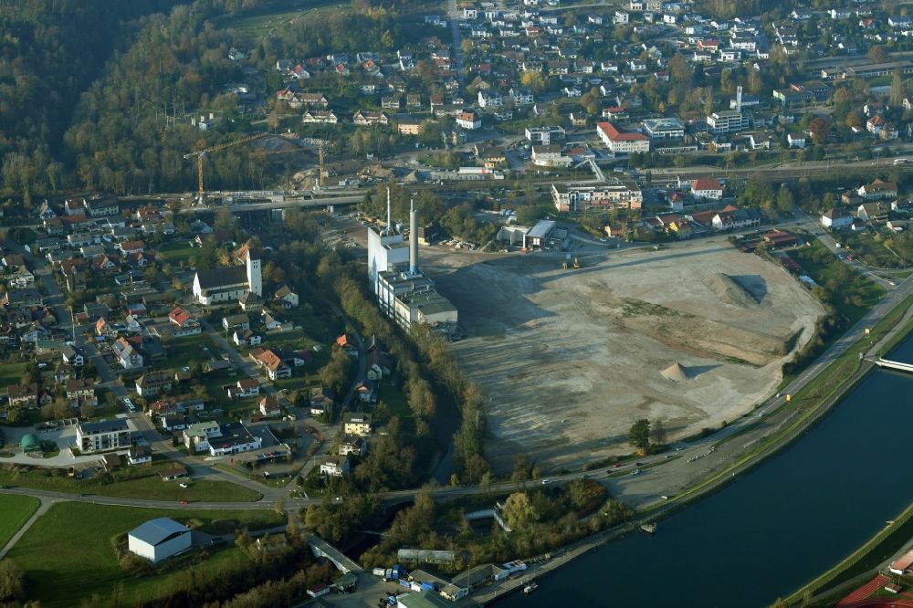 Aerial image Albbruck - Demolition work on the site of the Industry- ruins the former paper mill at the Rhine river in Albbruck in the state Baden-Wuerttemberg, Germany