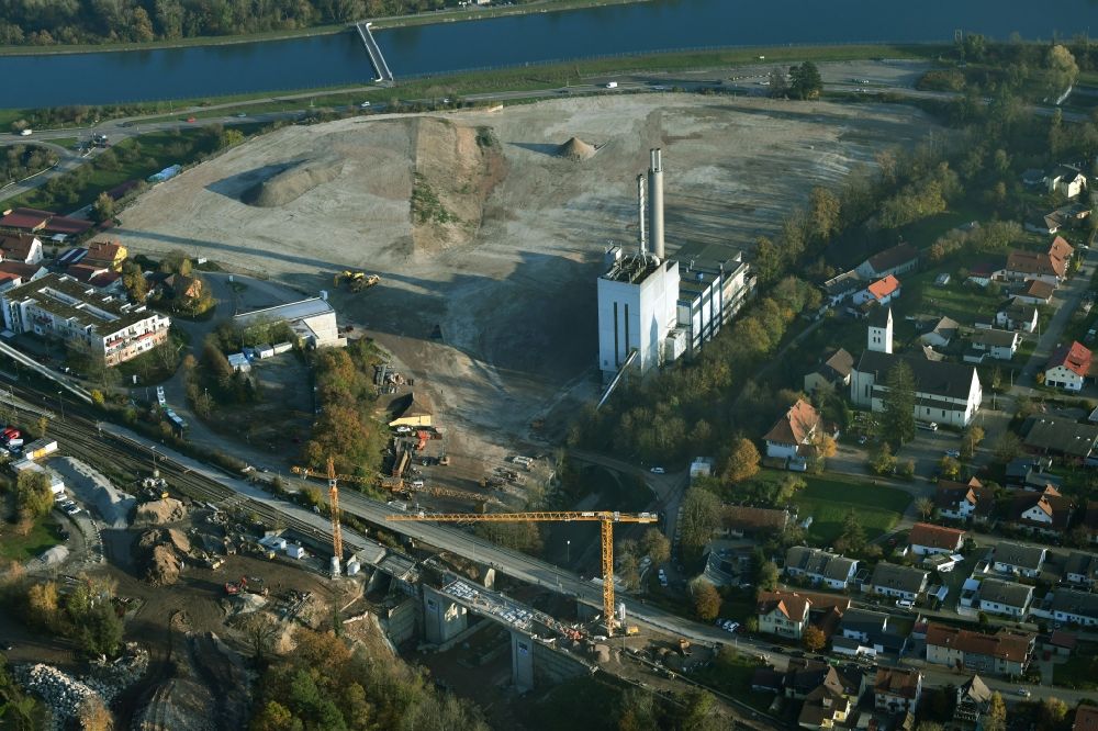 Albbruck from above - Demolition work on the site of the Industry- ruins the former paper mill at the Rhine river in Albbruck in the state Baden-Wuerttemberg, Germany