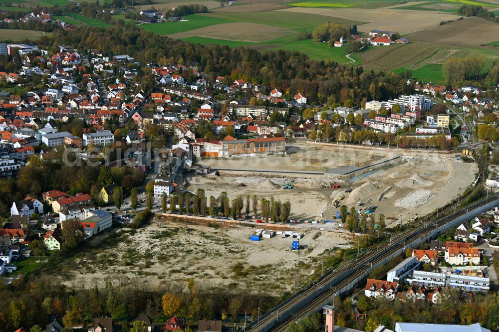 Dachau from above - Demolition work on the site of the Industry- ruins of MD - Papierfabrik in Dachau in the state Bavaria, Germany