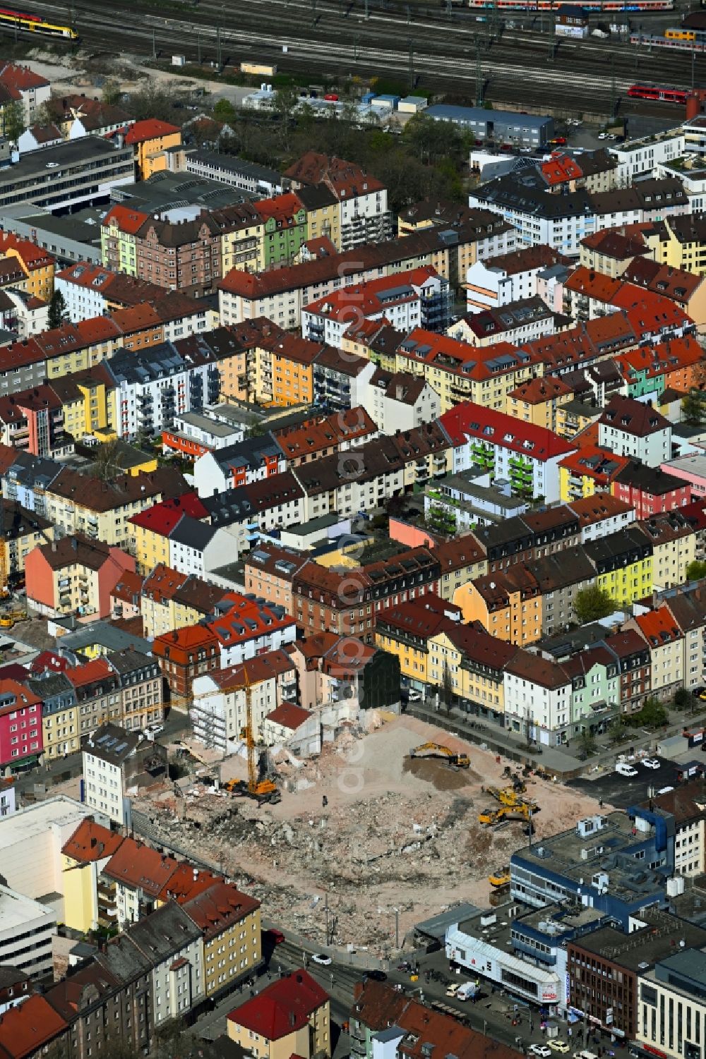 Nürnberg from above - Demolition work on the ruins of the former store building am Aufsessplatz in the Suedstadt in the district Galgenhof in Nuremberg in the state Bavaria, Germany