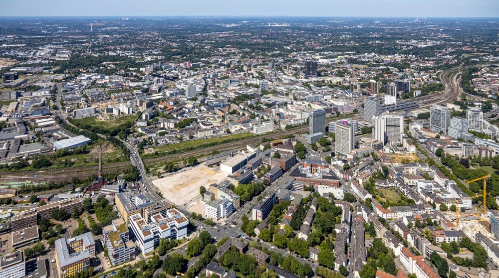 Aerial image Essen - Demolition area of office buildings Home of the former publishing and newspaper district overlooking the city center in the district Suedviertel in Essen in the state North Rhine-Westphalia, Germany