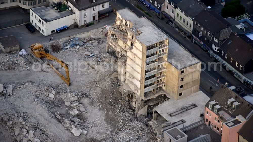 Waldbröl from above - Demolition of the building area of Merkur-Haus in Waldbroel in the state North Rhine-Westphalia, Germany