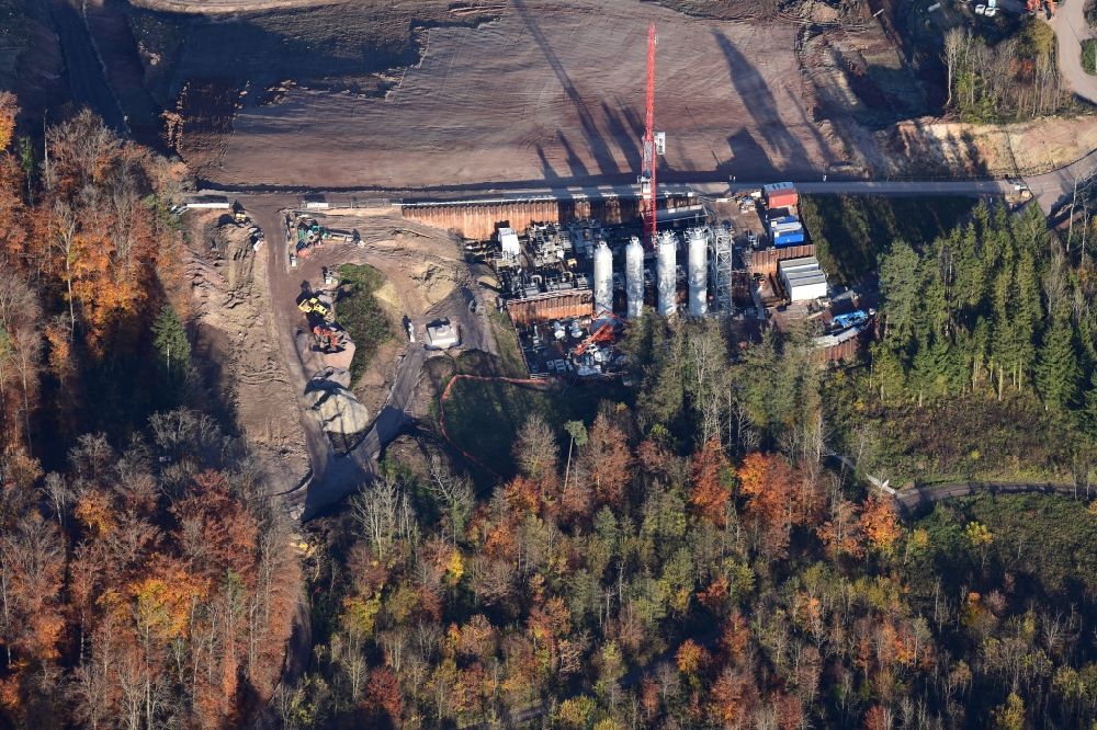 Schwörstadt from above - Site of heaped landfill Lachengraben with construction works of the absorber towers for the TENP gaspipeline in Schwoerstadt in the state Baden-Wurttemberg
