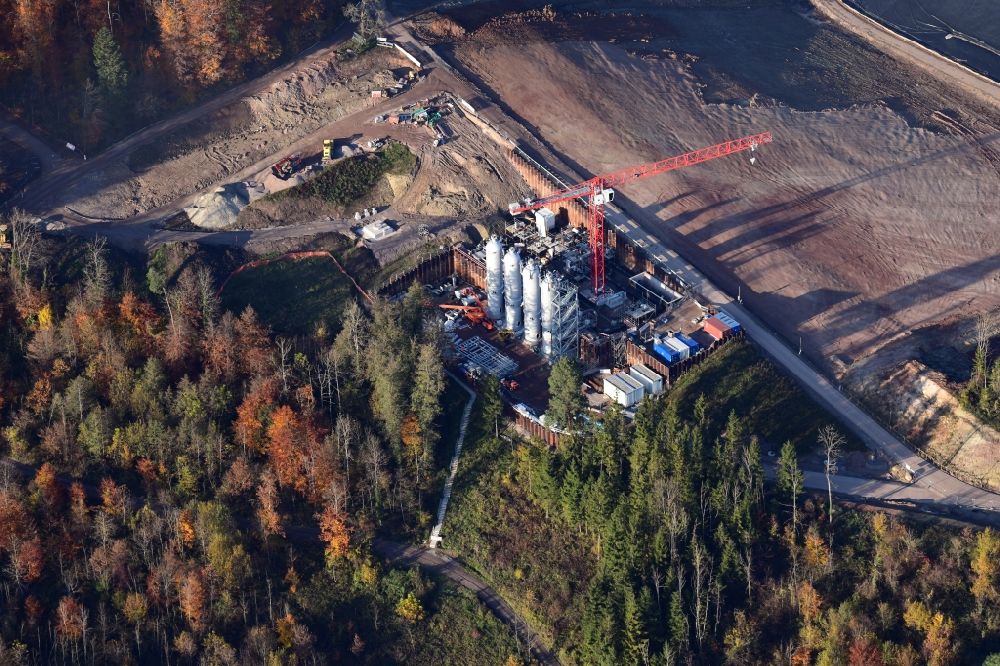 Schwörstadt from the bird's eye view: Site of heaped landfill Lachengraben with construction works of the absorber towers for the TENP gaspipeline in Schwoerstadt in the state Baden-Wurttemberg