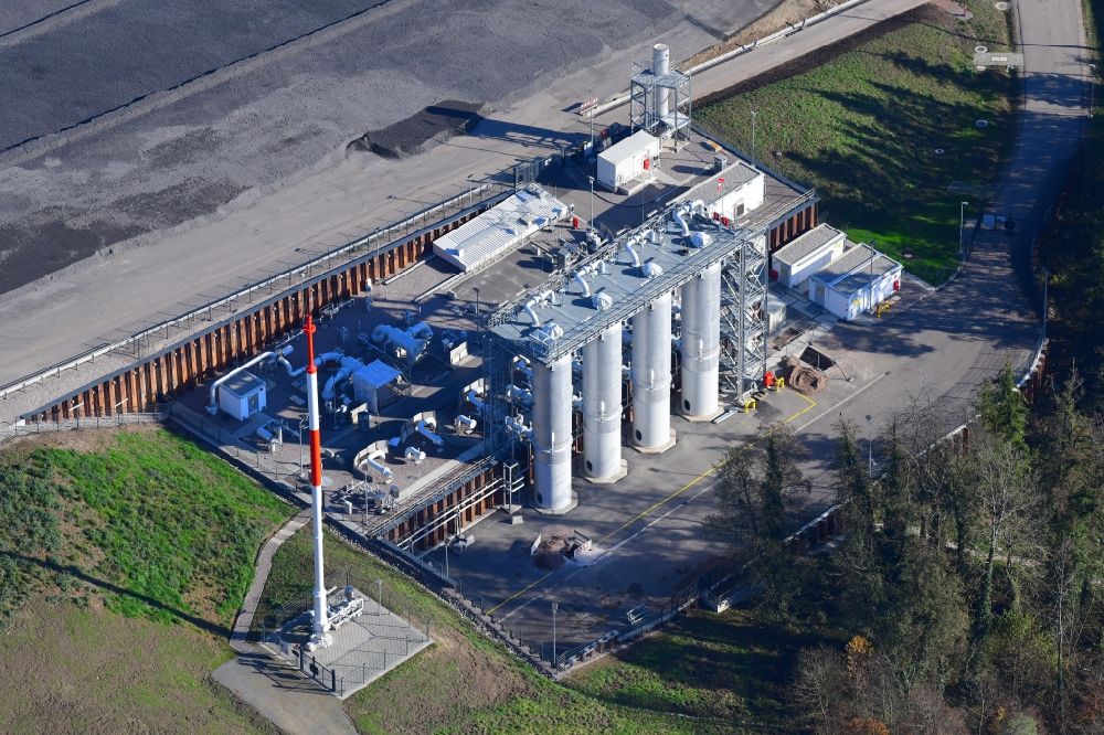 Aerial photograph Schwörstadt - Site of heaped landfill Lachengraben with construction works of the absorber towers for the TENP gaspipeline in Schwoerstadt in the state Baden-Wurttemberg