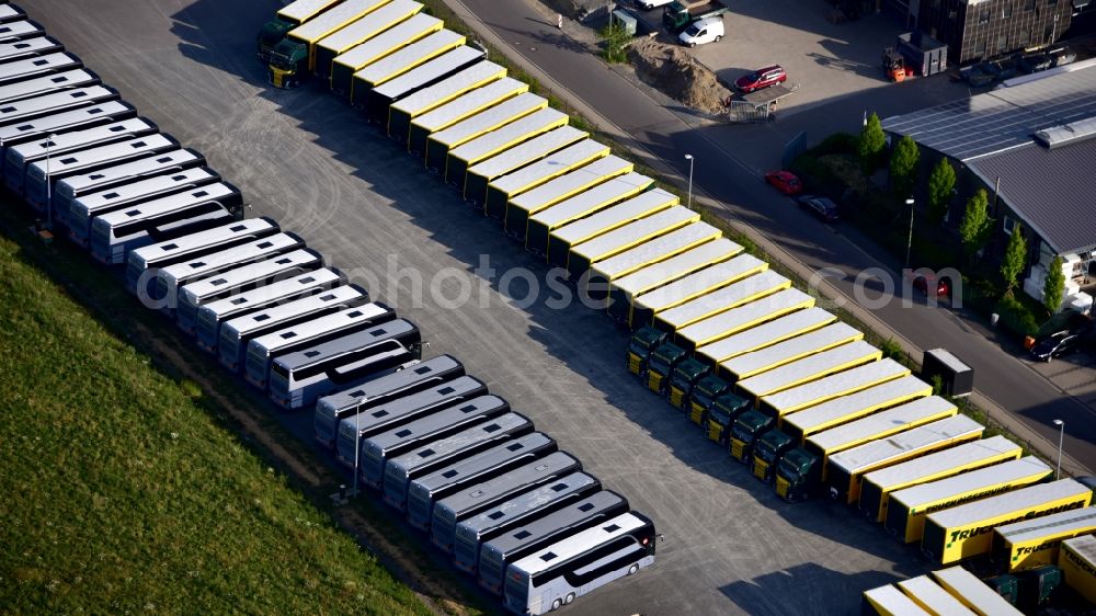 Aerial image Reichshof - Parking space for buses and trucks in Gewerbeparkstrasse in Reichshof in the state North Rhine-Westphalia, Germany