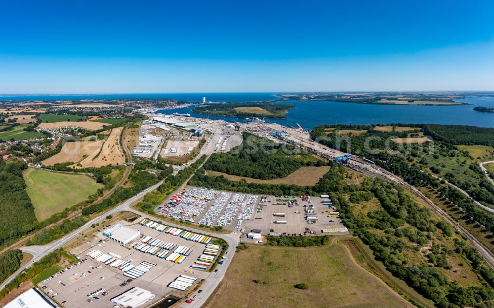 Aerial photograph Travemünde - Outdoor storage space for new cars - automobiles - cars in Travemuende at the baltic coast in the state Schleswig-Holstein, Germany