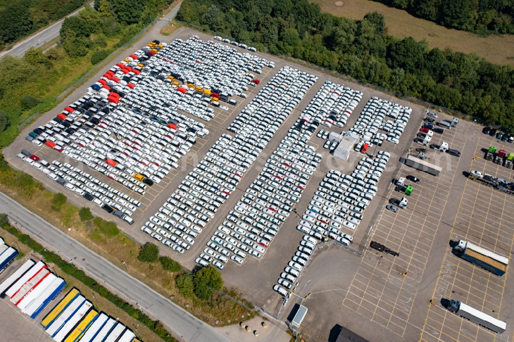 Travemünde from above - Outdoor storage space for new cars - automobiles - cars in Travemuende at the baltic coast in the state Schleswig-Holstein, Germany