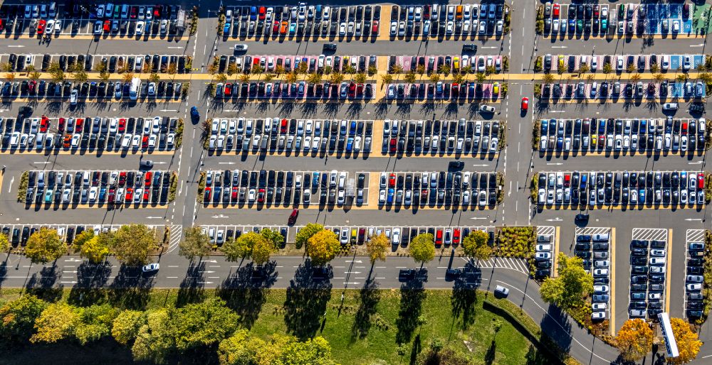 Bochum from above - parking space for parked cars at the shopping center Ruhr Park in Bochum at Ruhrgebiet in the state North Rhine-Westphalia, Germany