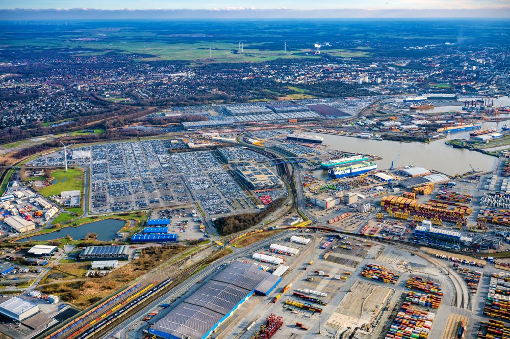 Aerial photograph Bremerhaven - Storage areas of the logistics company BLG Automotive Logistics GmbH & Co. KG at the Ueberseehafen in Bremerhaven in the state Bremen, Germany
