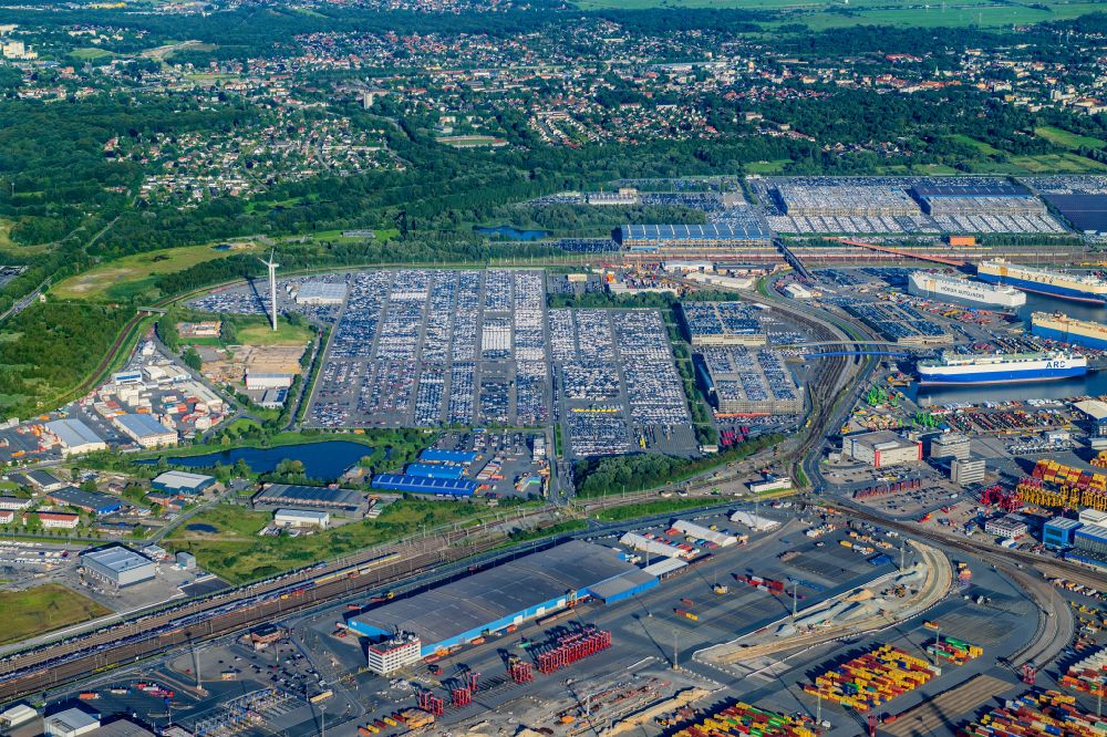 Aerial image Bremerhaven - Storage areas of the logistics company BLG Automotive Logistics GmbH & Co. KG at the Ueberseehafen in Bremerhaven in the state Bremen, Germany