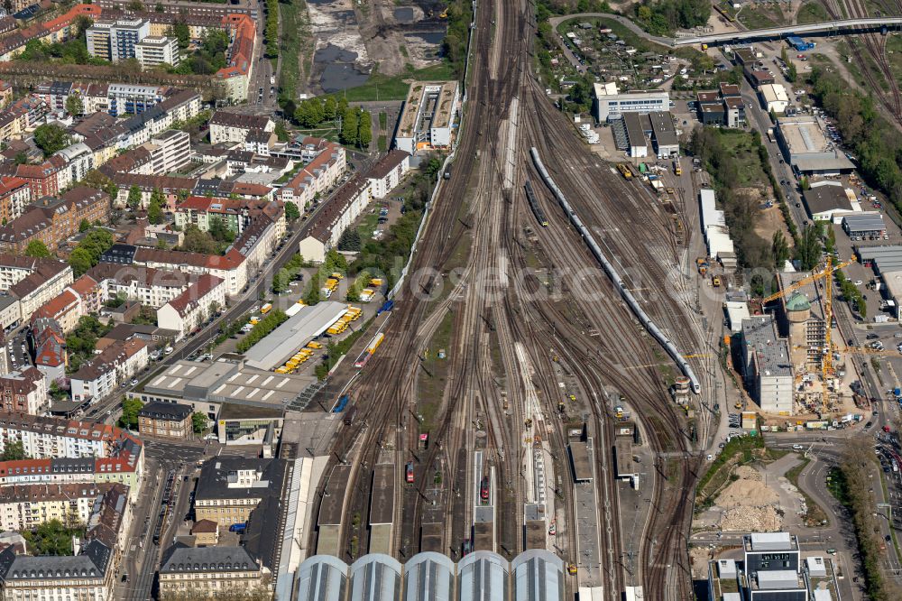 Karlsruhe from above - Regional passenger trains on the sidings of the marshalling yard at Central Station in Karlsruhe in the state Baden-Wuerttemberg, Germany