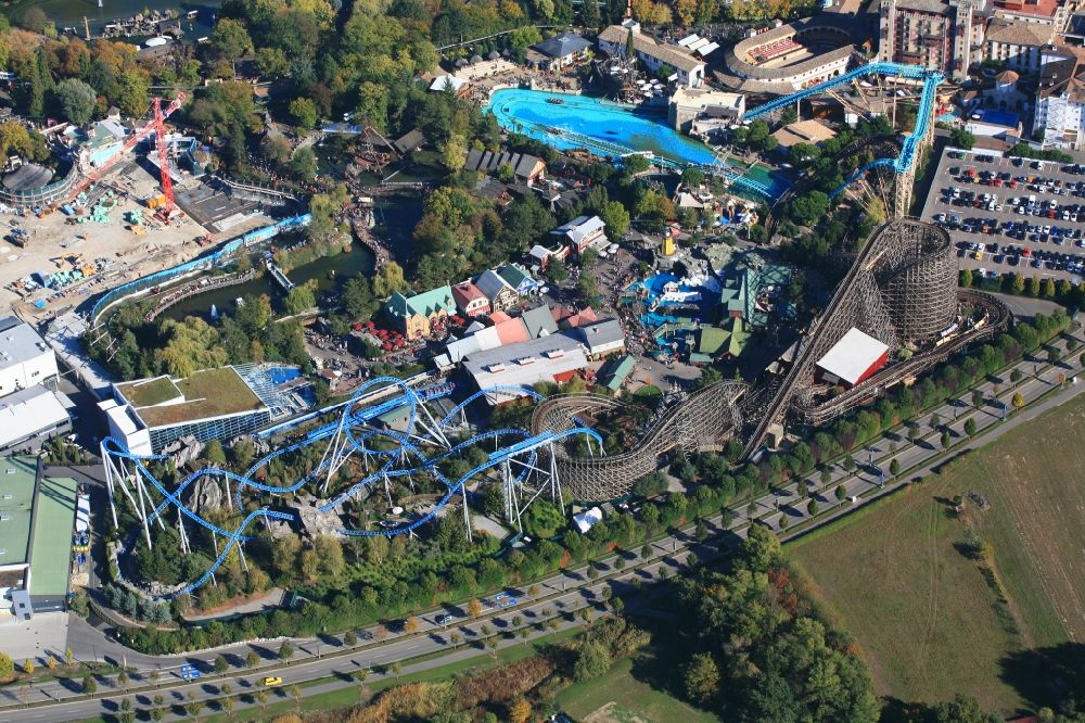 Aerial image Rust - Roller coaster at the amusement park and family park Europapark in Rust in Baden-Wuerttemberg